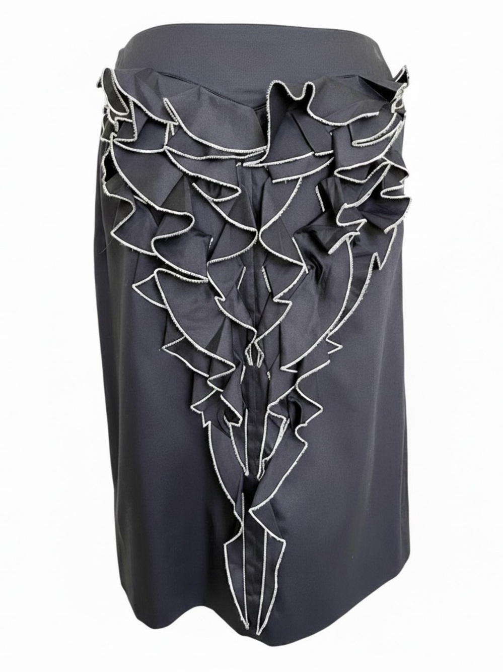 RARE Vintage Mugler Y2K Navy Blue White Cotton Mini Pencil Skirt Back Ruffle 6 S
